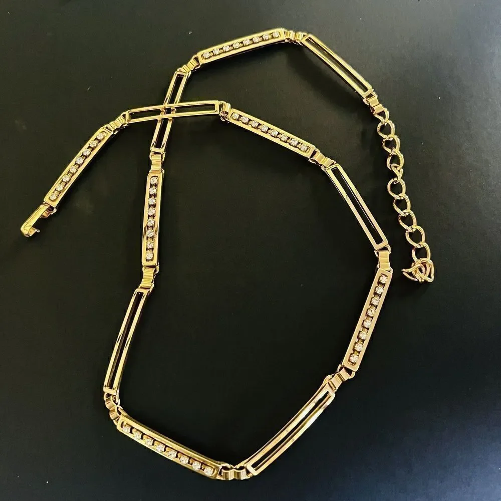 Vintage Italy Gold Plated Rhinestone Geometric Chain Belt Rectangle Links 4182